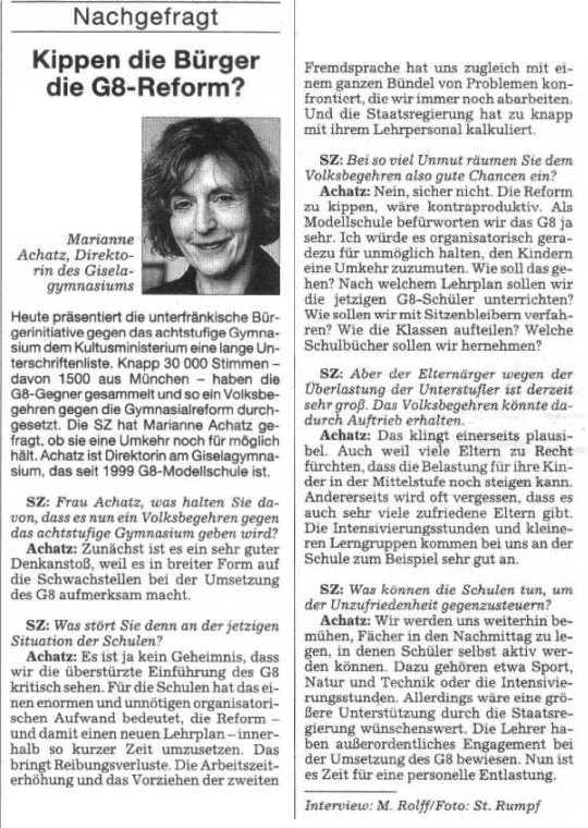 SZ-Artikel vom 11.03.05 "Kippen die Bürger die G8-Reform"